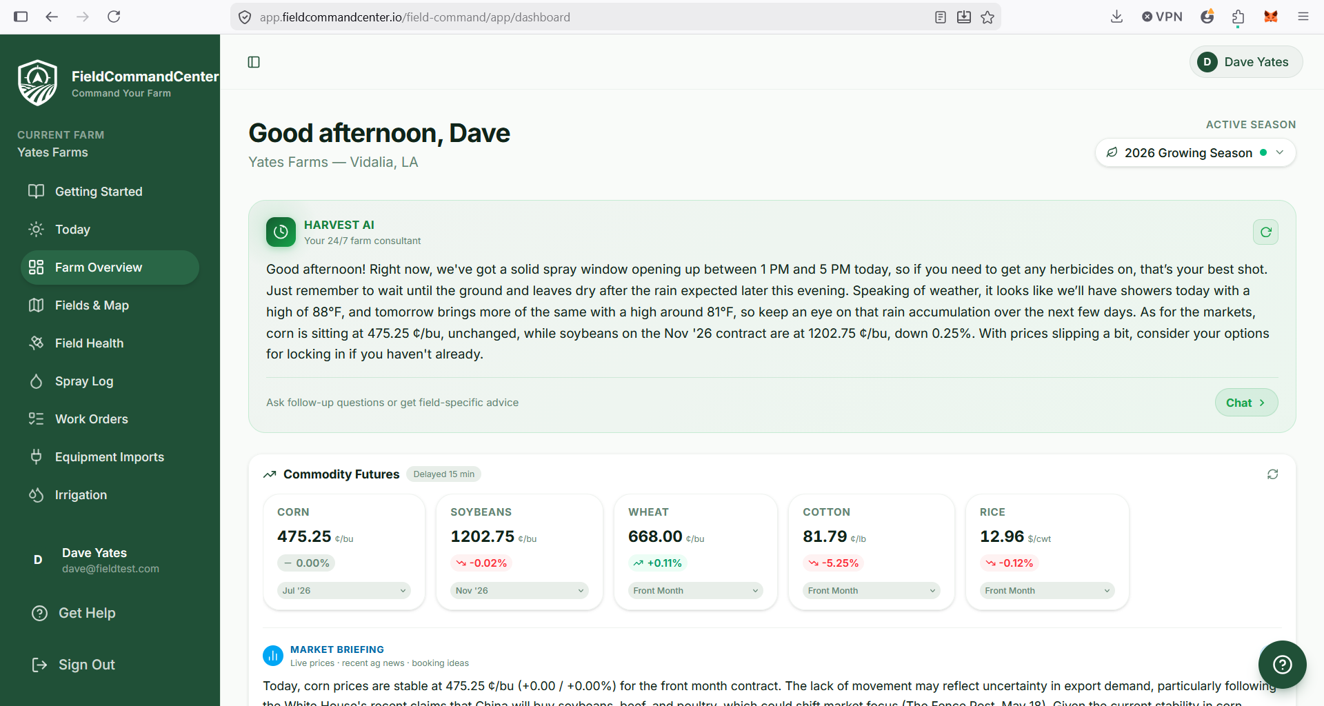 FieldCommandCenter dashboard showing the Harvest AI daily briefing and live commodity futures.