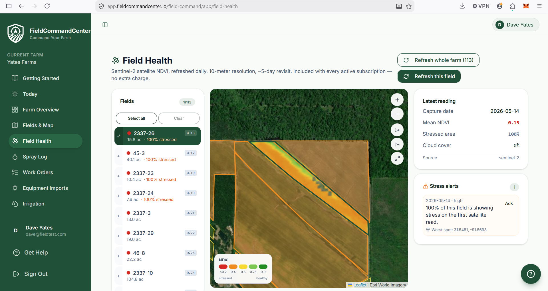 Field Health page showing NDVI satellite imagery with a stress alert for a 100% stressed field.